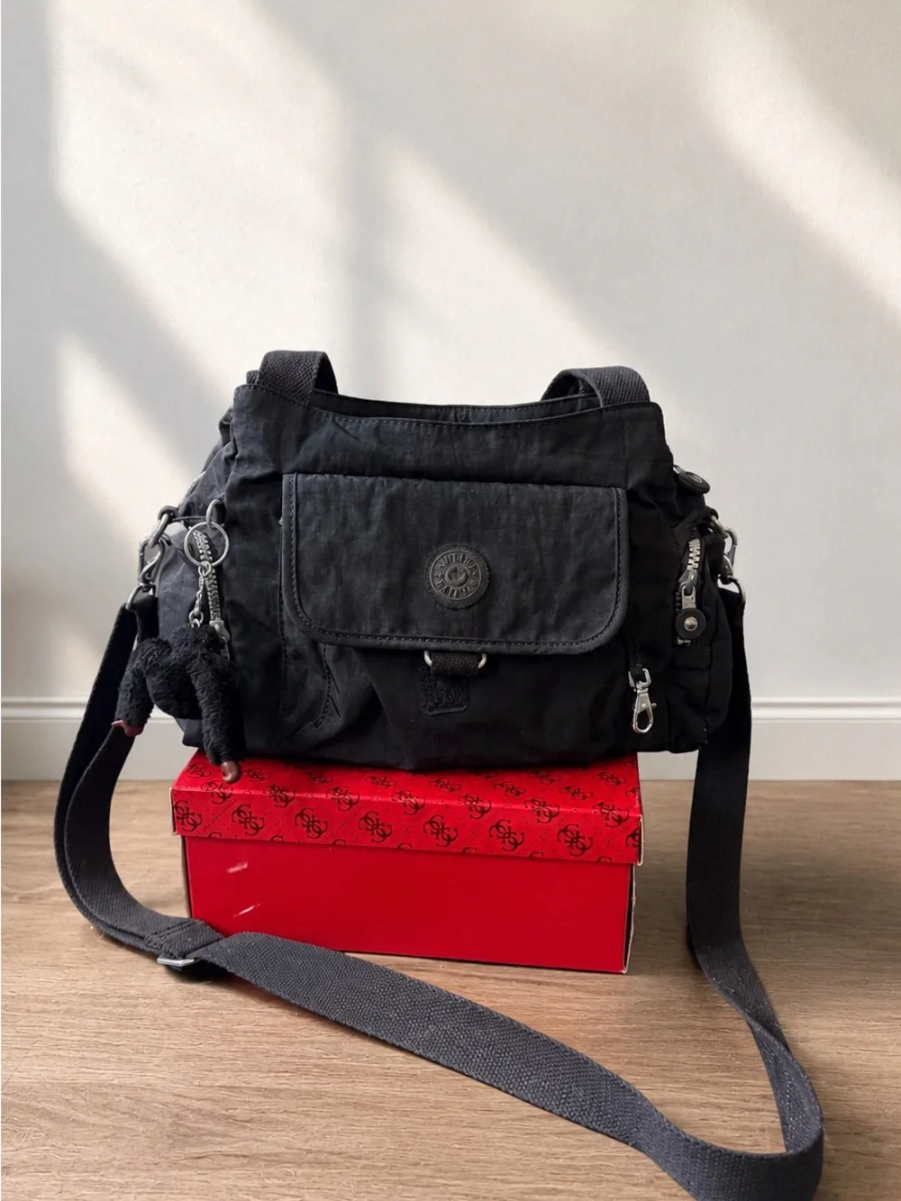 Kipling Black Crossbody Shoulder Bag with Monkey Charm